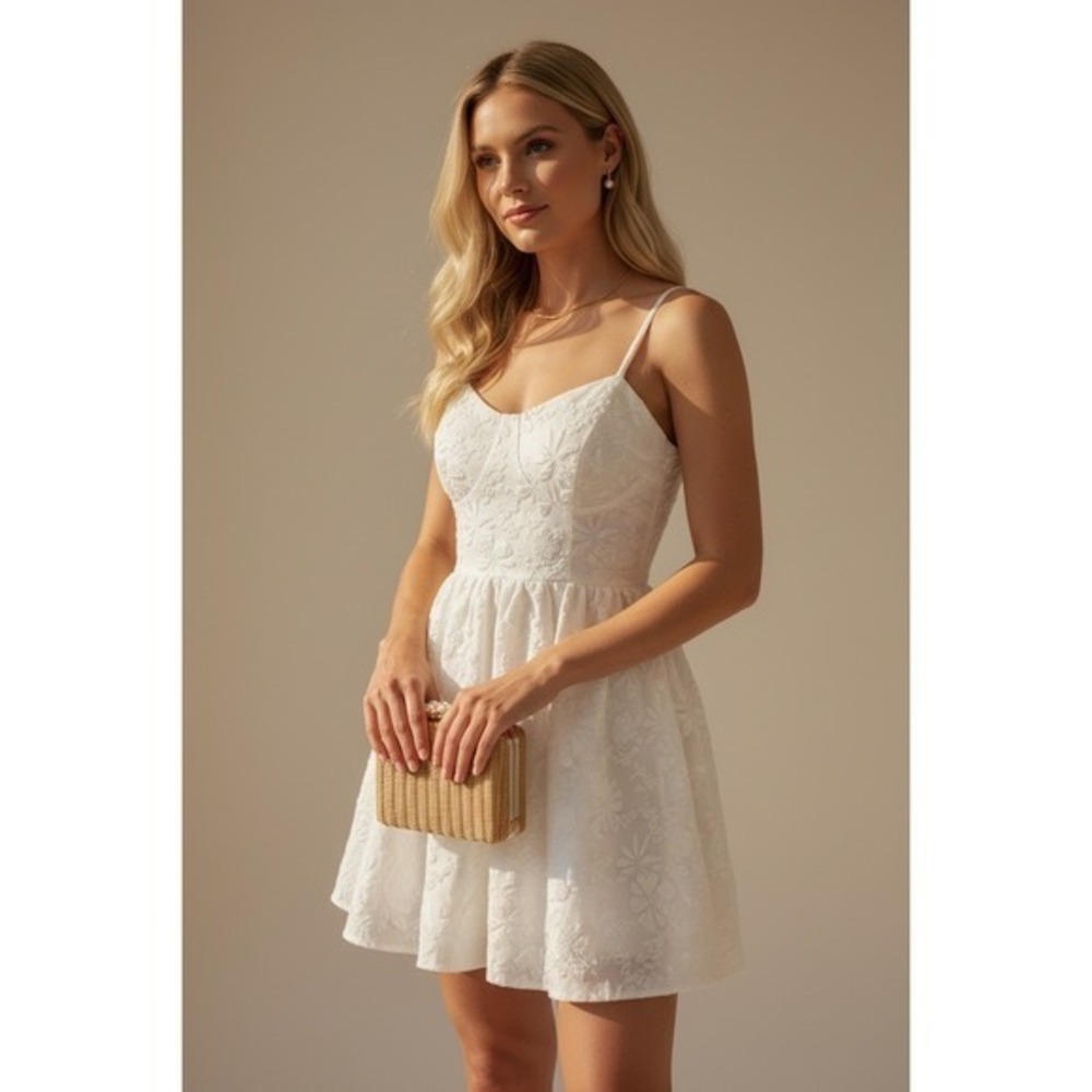 SHEIN MOD White Floral Jacquard Fit and Flare Dress XS Sweetheart Neckline